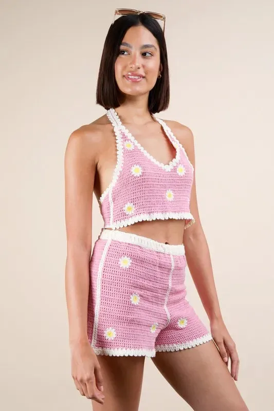 Floral Crochet Top and Shorts Set