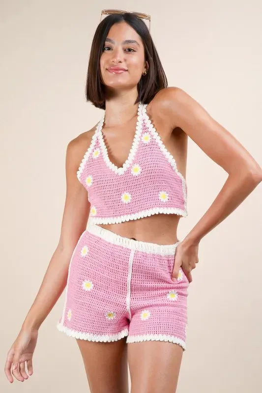Floral Crochet Top and Shorts Set