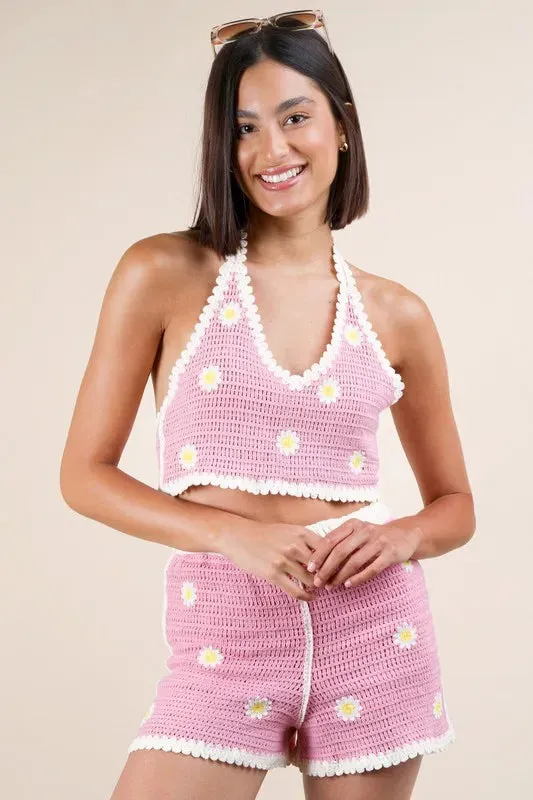 Floral Crochet Top and Shorts Set