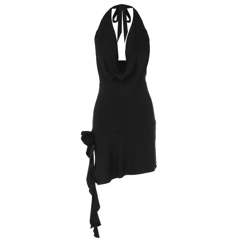 Freyja Cowl Neck Halter Ruffle Hem Rosette Detail Mini Dress