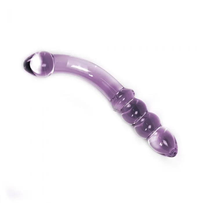 Gebogen Glazen dildo Met stimulerende ribbels - Paars