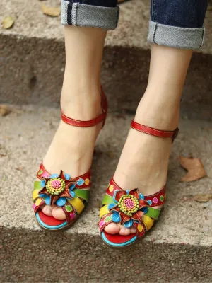 Genuine Leather Bloom Flower Applique Low Heel Strapy Sandals