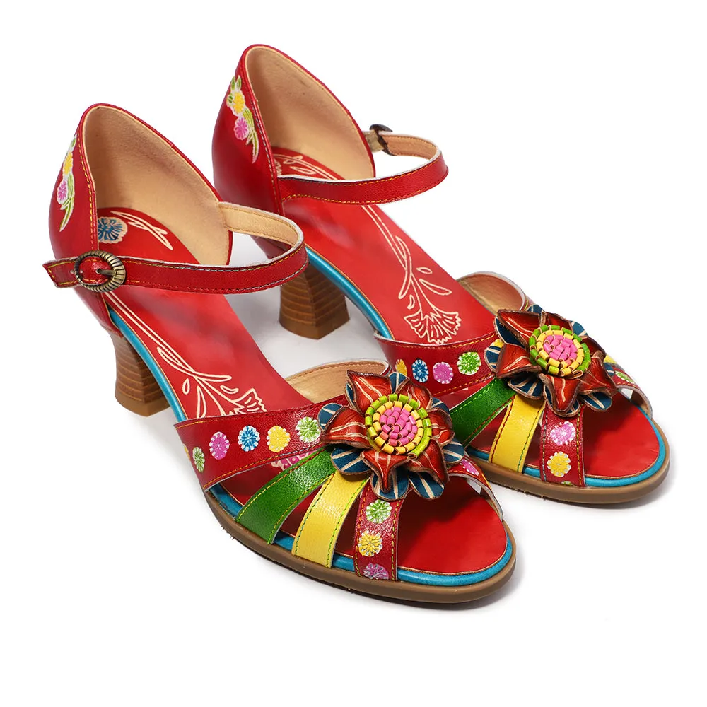 Genuine Leather Bloom Flower Applique Low Heel Strapy Sandals