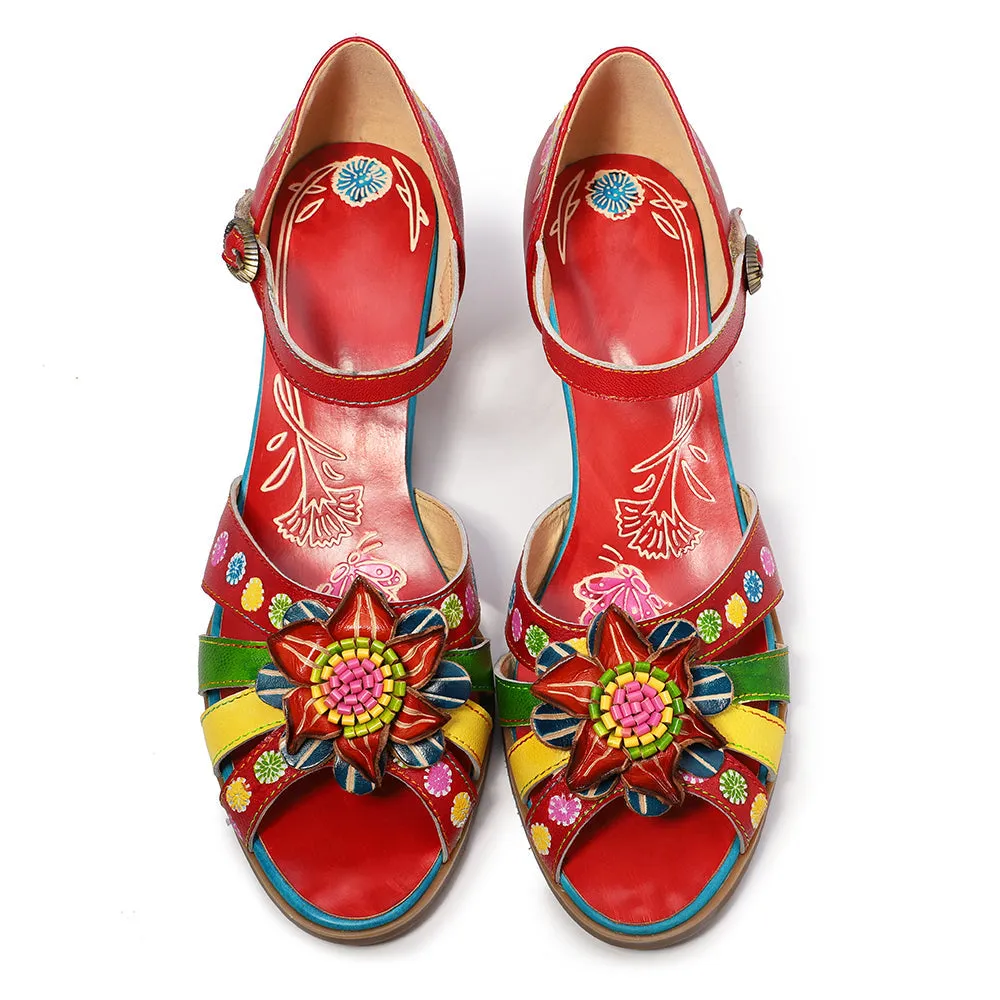 Genuine Leather Bloom Flower Applique Low Heel Strapy Sandals