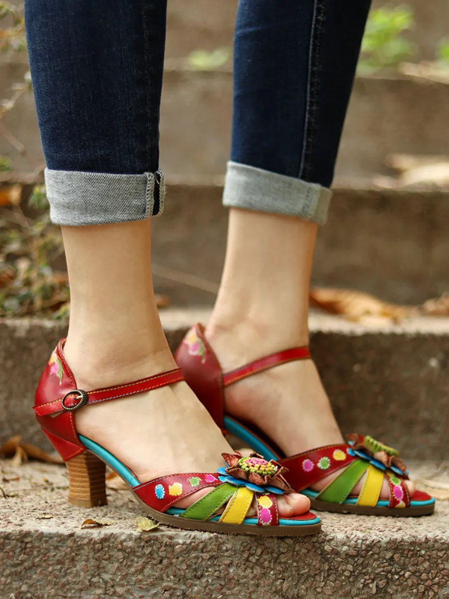 Genuine Leather Bloom Flower Applique Low Heel Strapy Sandals