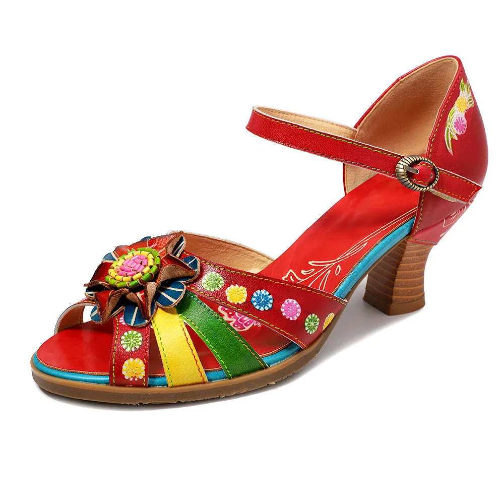 Genuine Leather Bloom Flower Applique Low Heel Strapy Sandals