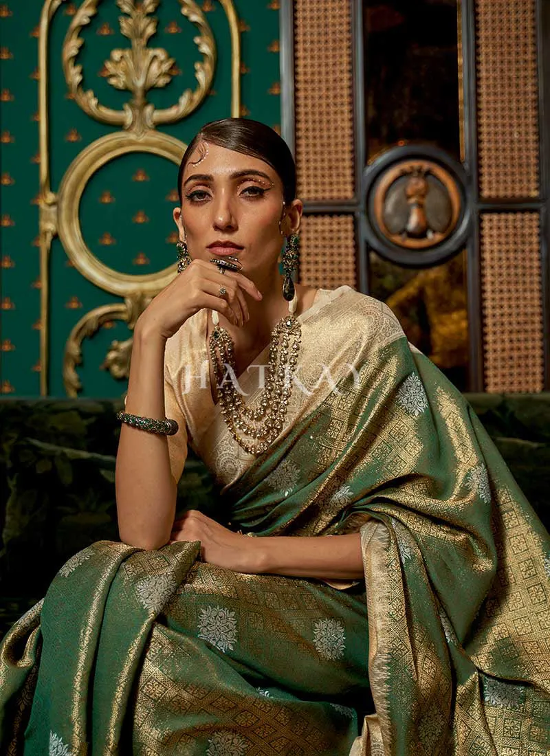 Green And Beige Zari Weaved Handloom Silk Saree