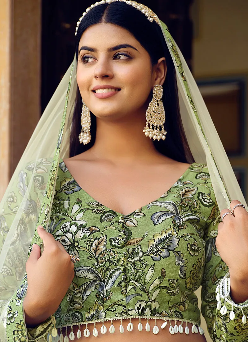 Green And Cream Printed Crinkle Lehenga Choli
