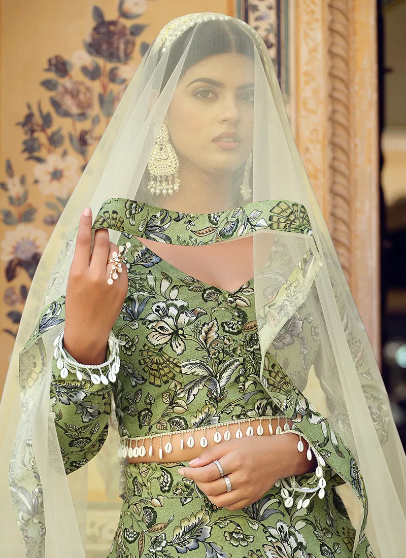 Green And Cream Printed Crinkle Lehenga Choli