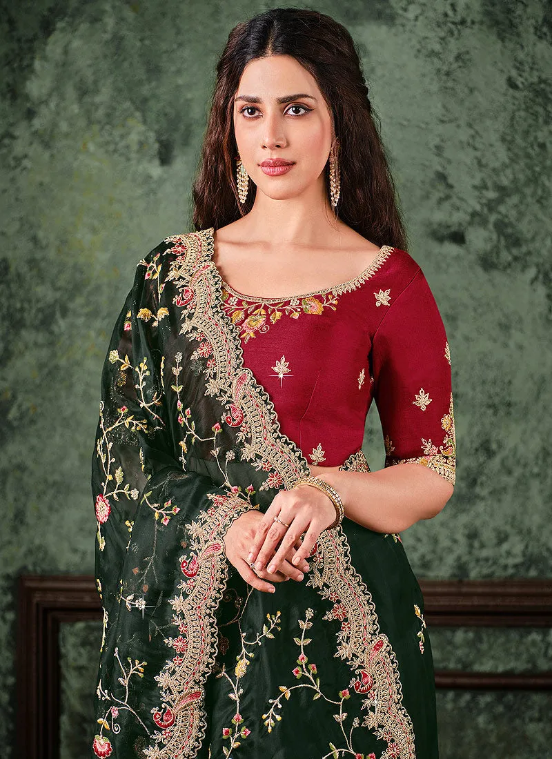 Green And Maroon Multi Embroidered Designer Saree