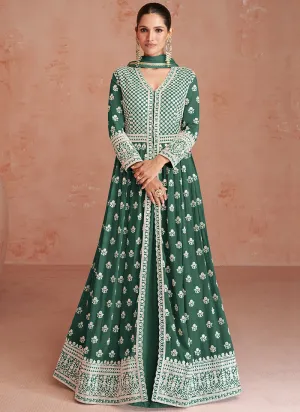 Green Embroidery Slit Style Festive Anarkali Lehenga