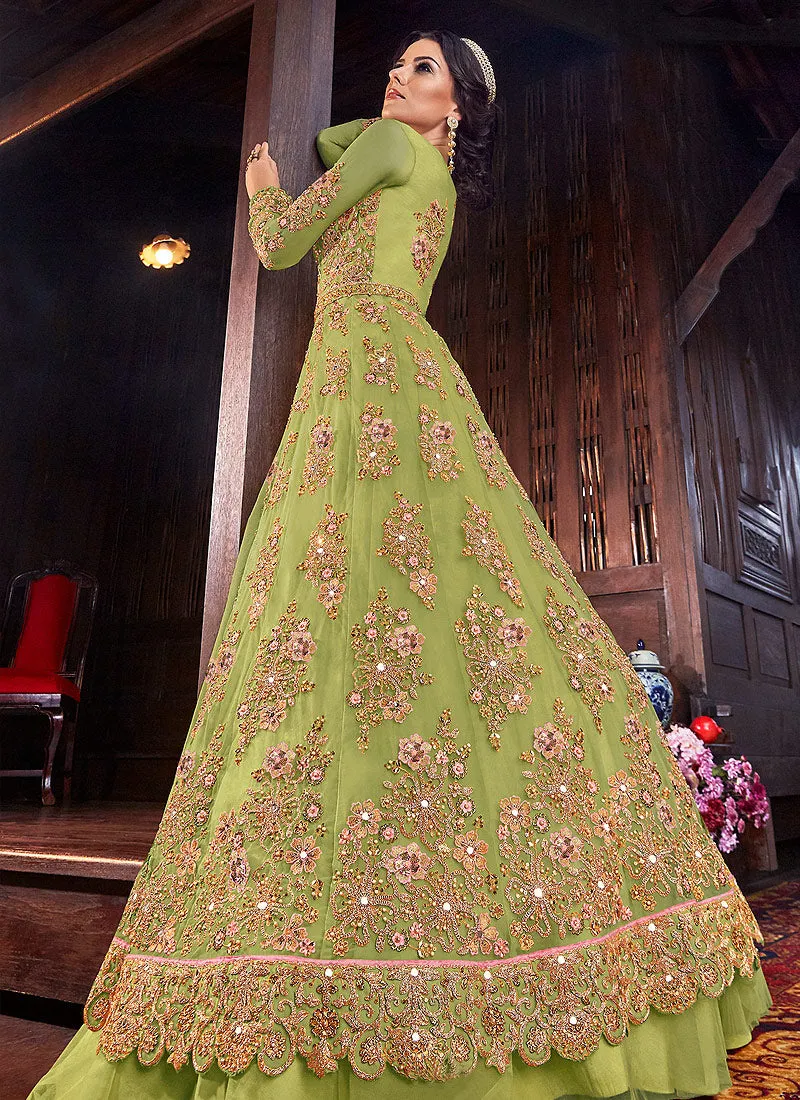 Green Floral Anarkali Style Lehenga/Pant Suit