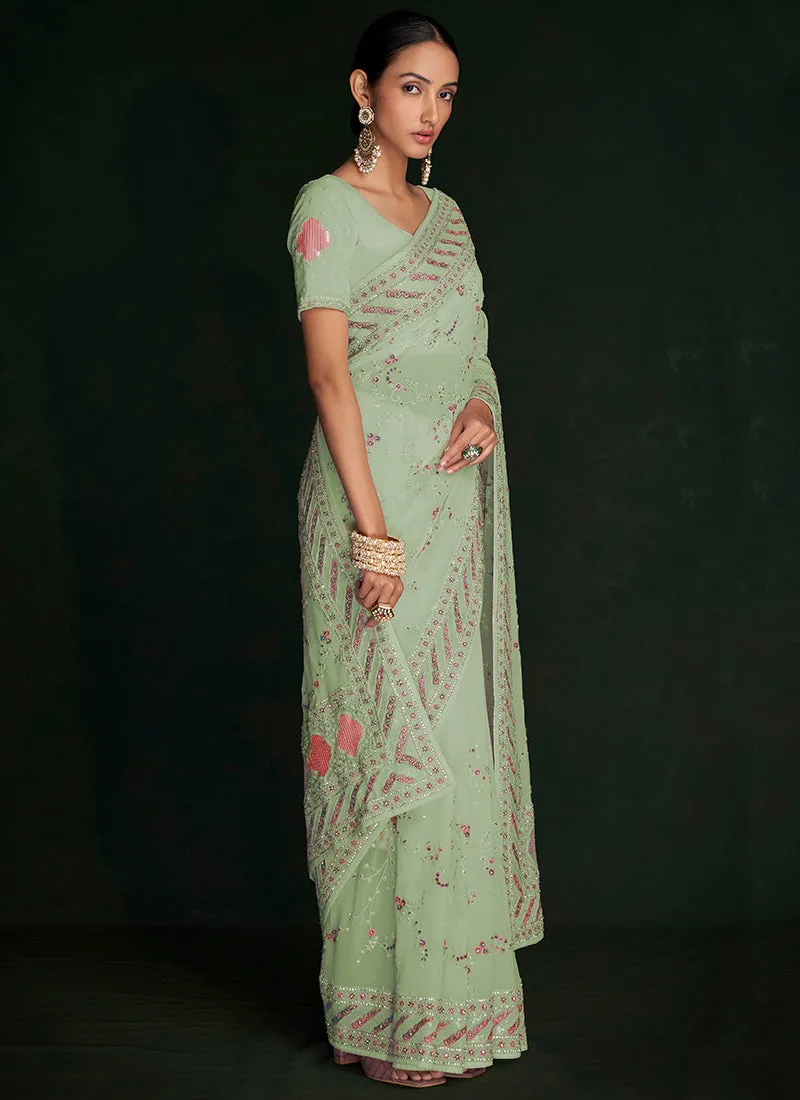 Green Multi Embroidery Lucknowi Saree