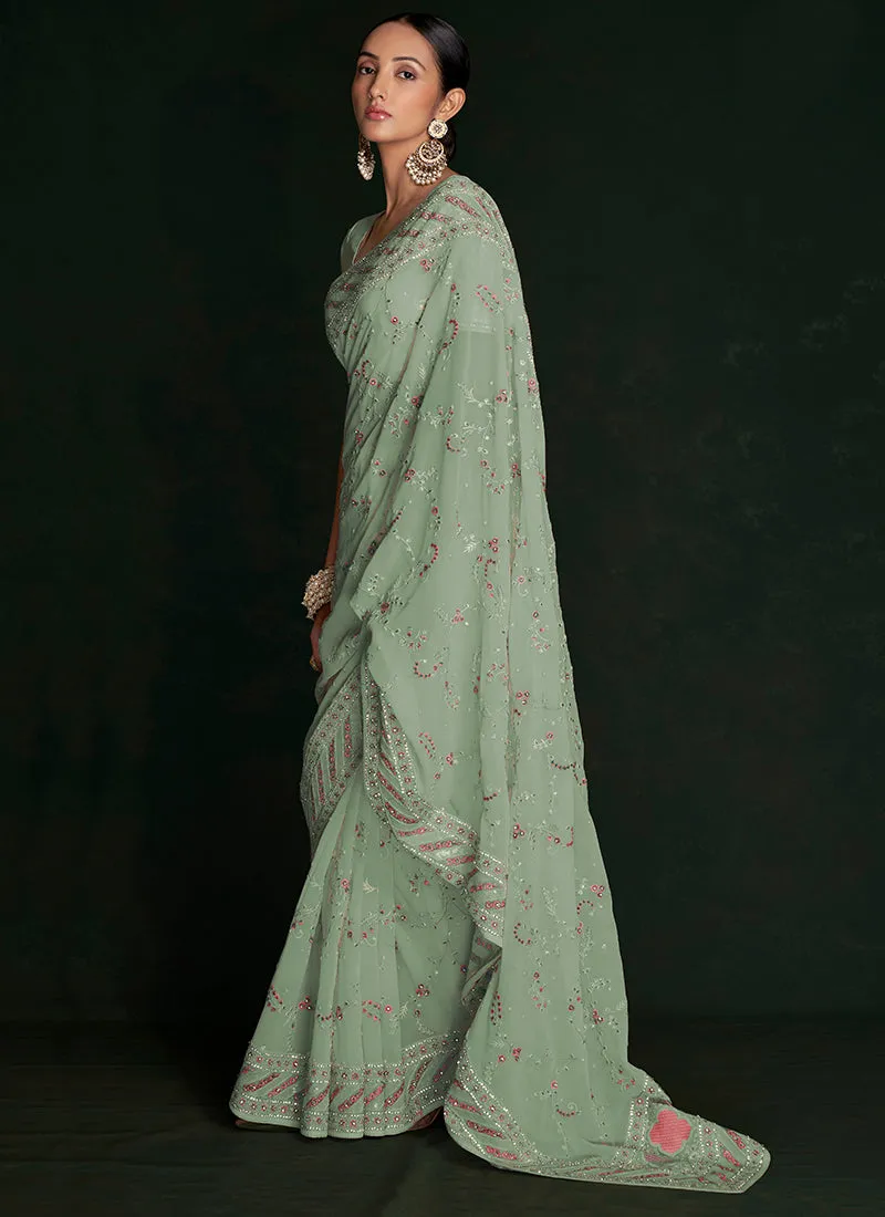 Green Multi Embroidery Lucknowi Saree