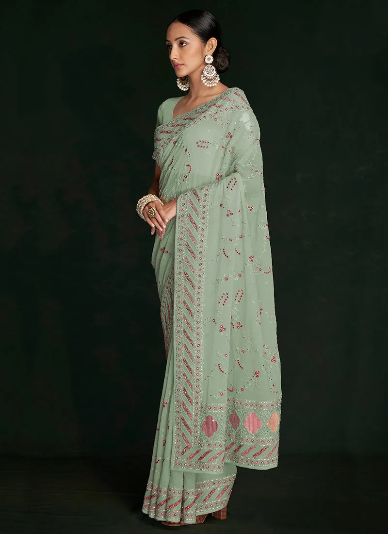 Green Multi Embroidery Lucknowi Saree