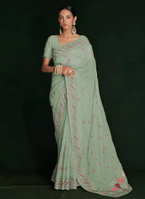 Green Multi Embroidery Lucknowi Saree