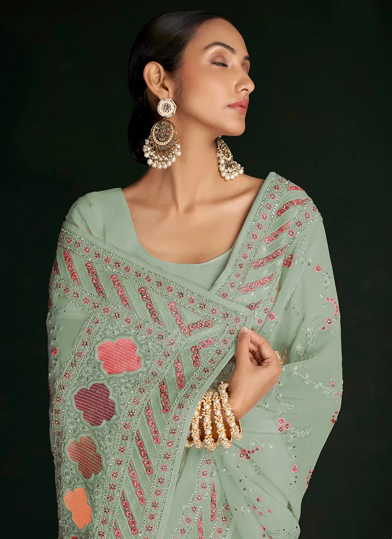 Green Multi Embroidery Lucknowi Saree