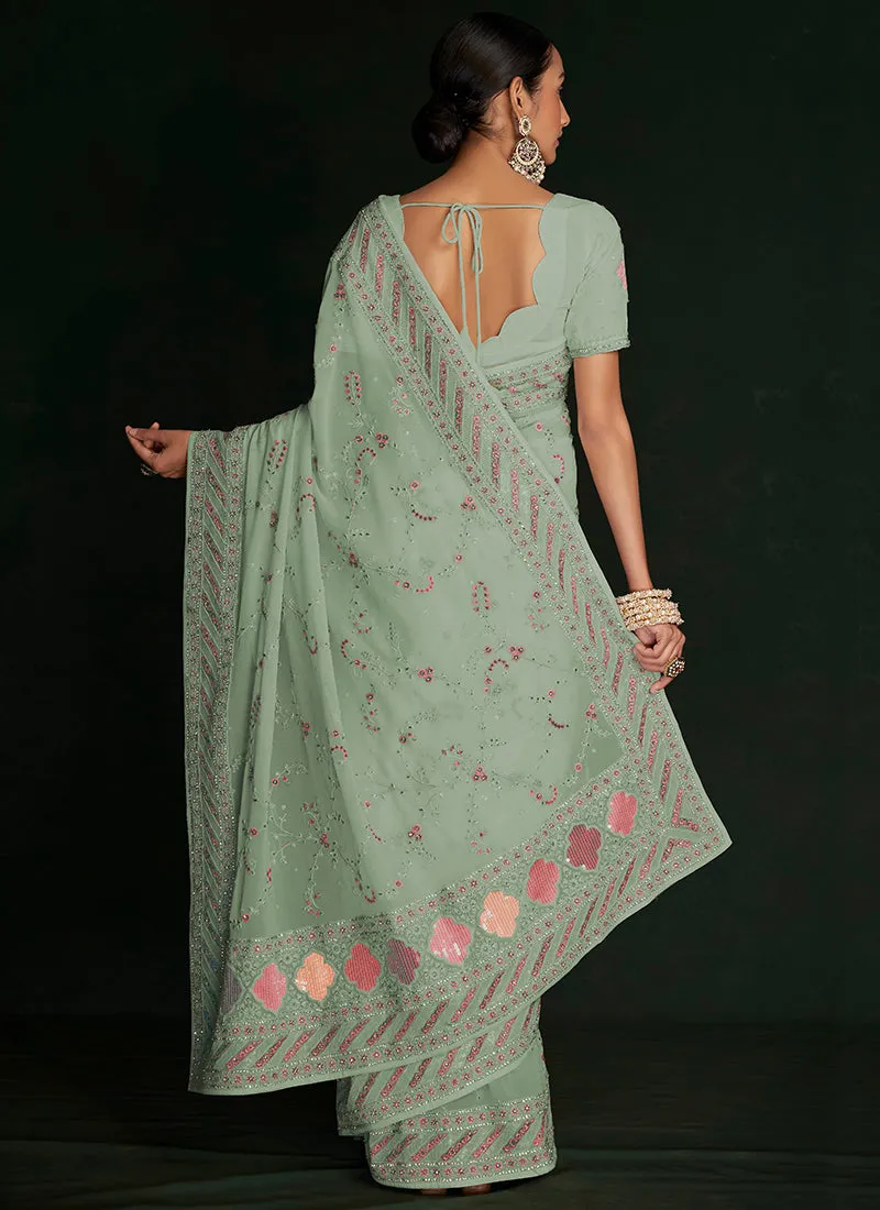 Green Multi Embroidery Lucknowi Saree