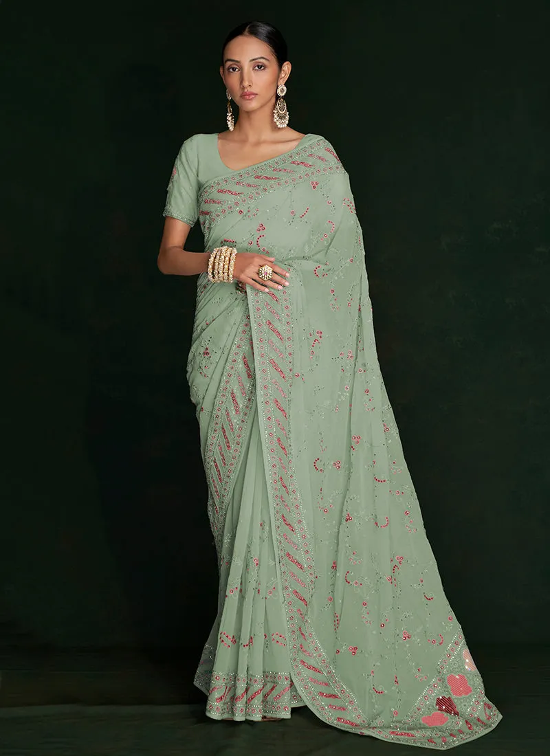 Green Multi Embroidery Lucknowi Saree