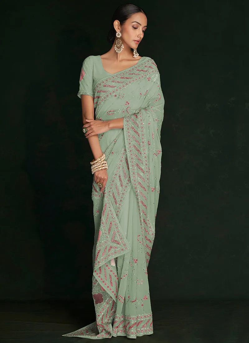 Green Multi Embroidery Lucknowi Saree