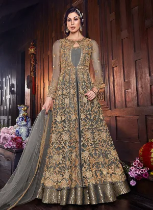 Grey And Golden Zari Embroidered Anarkali Suit