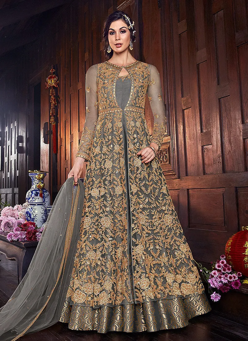 Grey And Golden Zari Embroidered Anarkali Suit