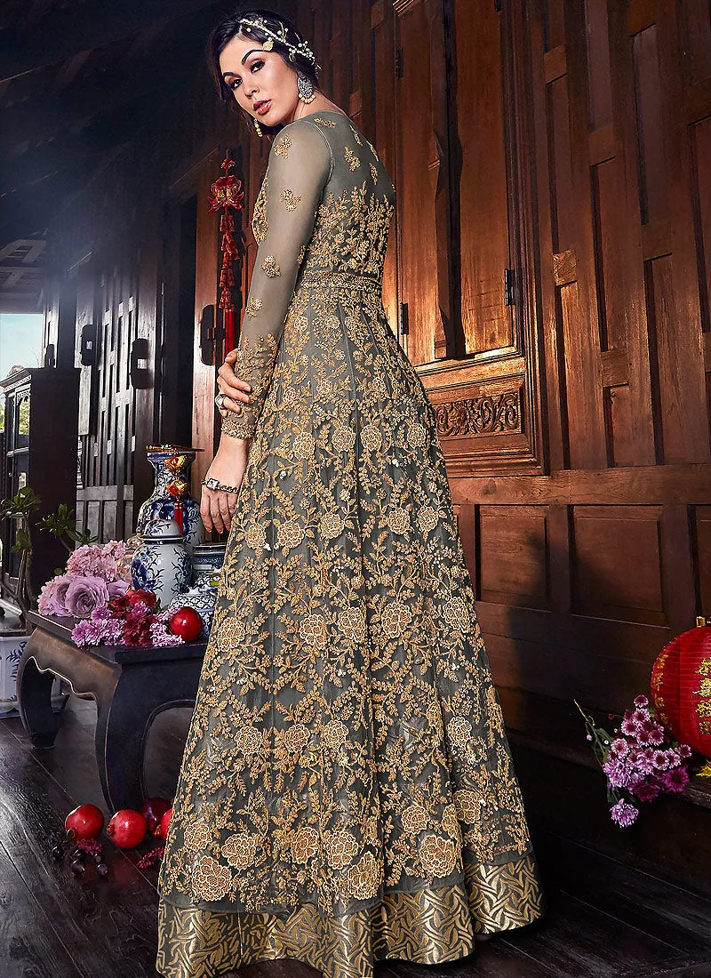 Grey And Golden Zari Embroidered Anarkali Suit