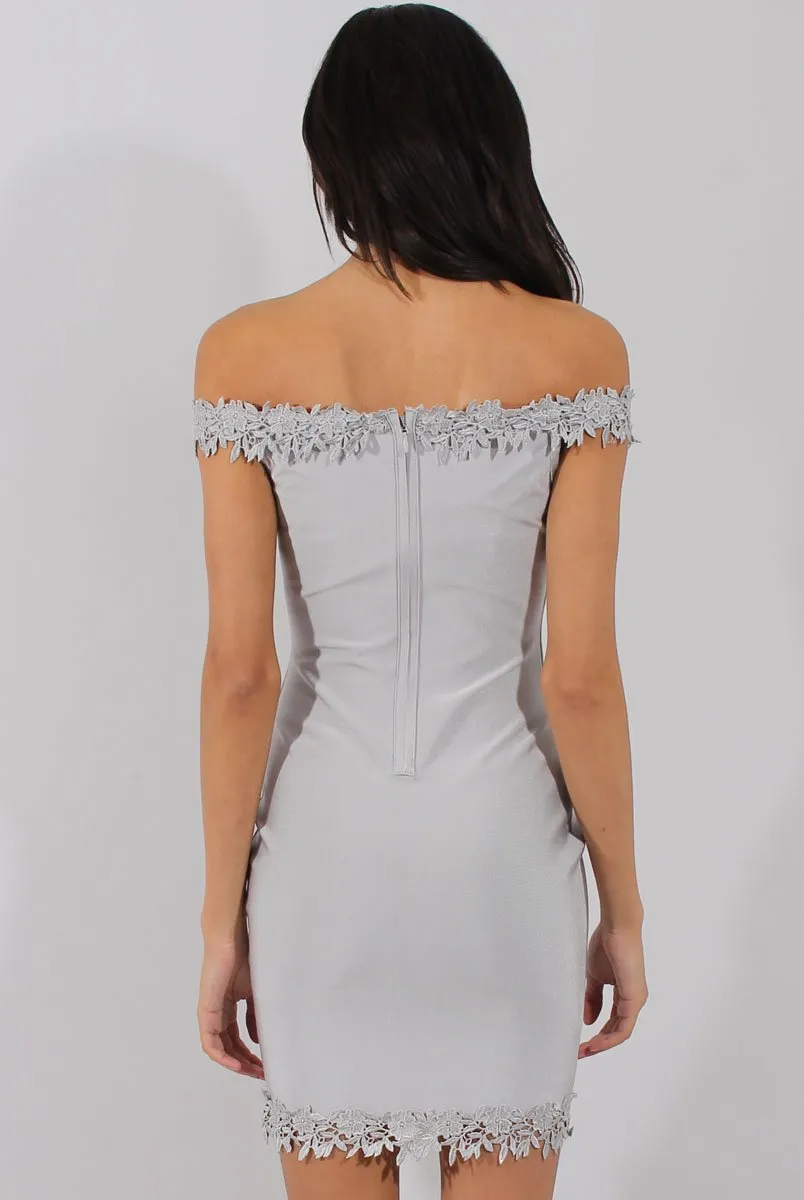 Grey Bandage Bardot Crochet Trim Dress - Stasia