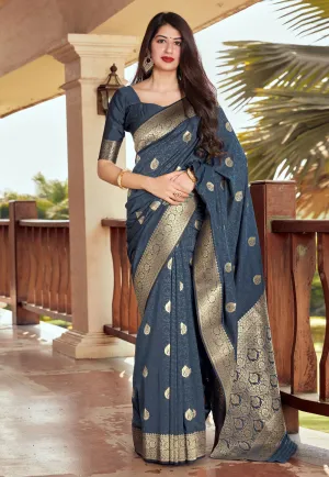 Grey Golden Jacquard Silk Saree
