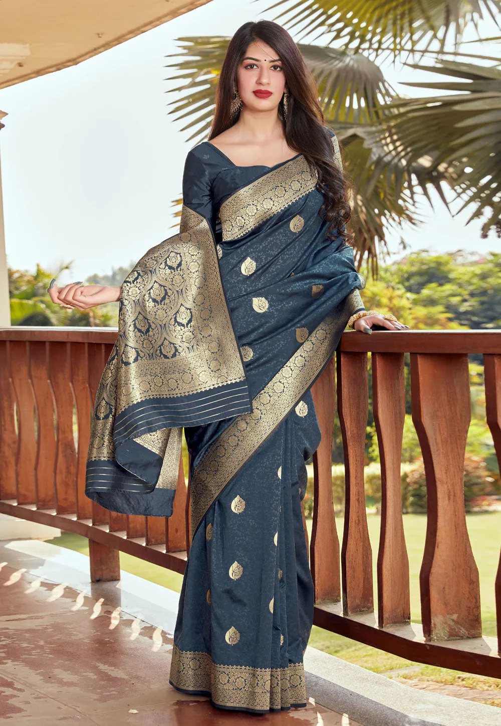 Grey Golden Jacquard Silk Saree