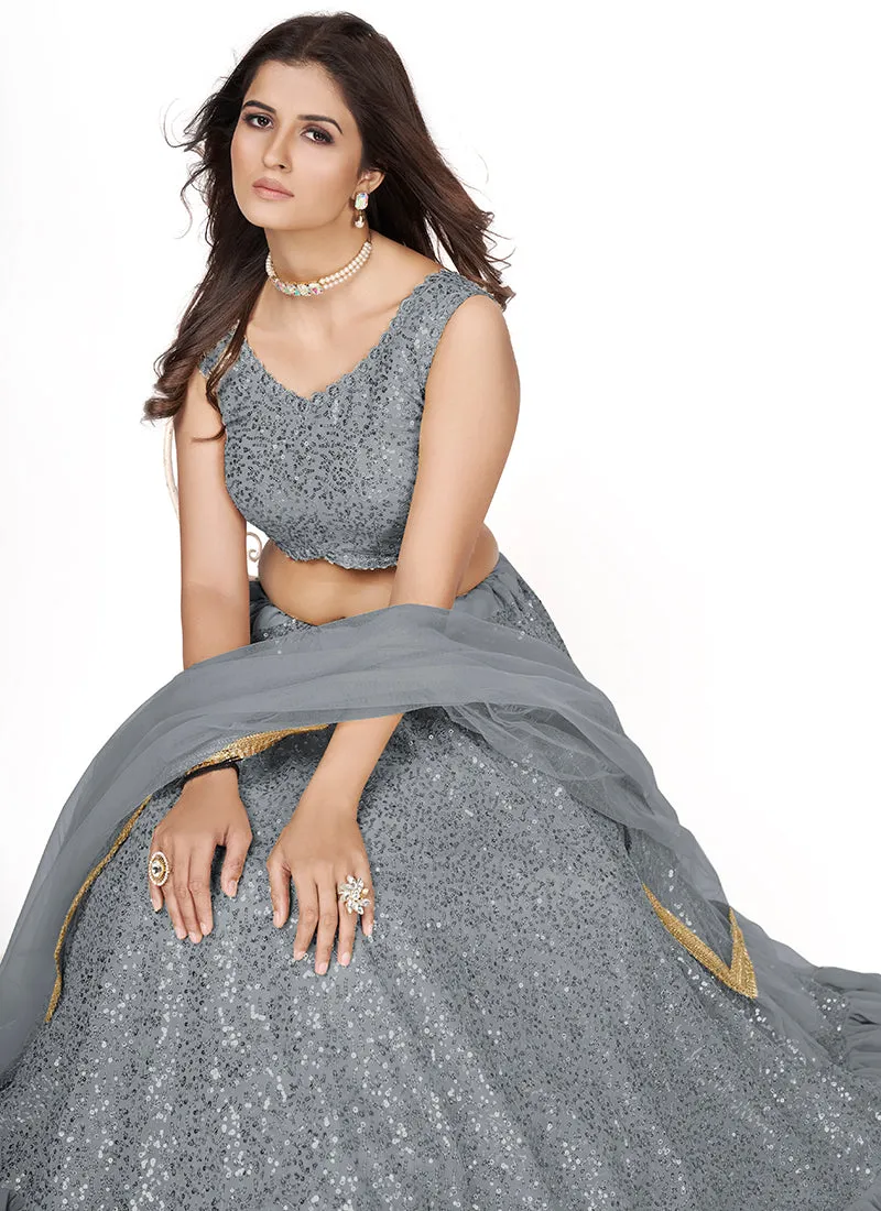 Grey Sequence Embroidery Wedding Lehenga Choli