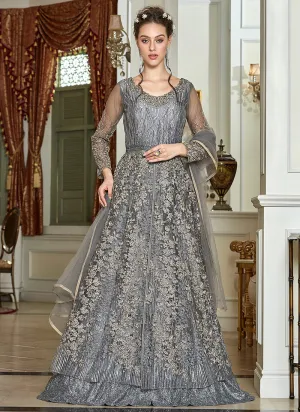 Grey Zari Embroidered Anarkali Lehenga Suit