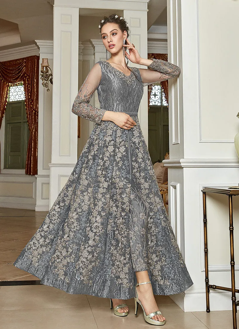 Grey Zari Embroidered Anarkali Lehenga Suit