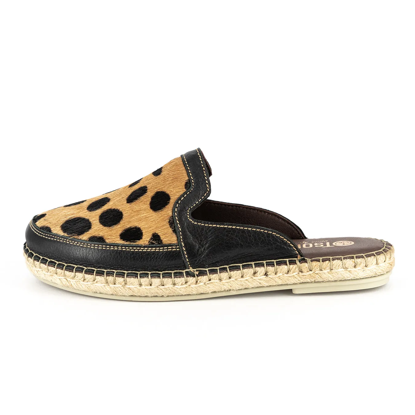 Halamuza : Ladies Leather Espadrille Mule in Black Delta & Spotted Print