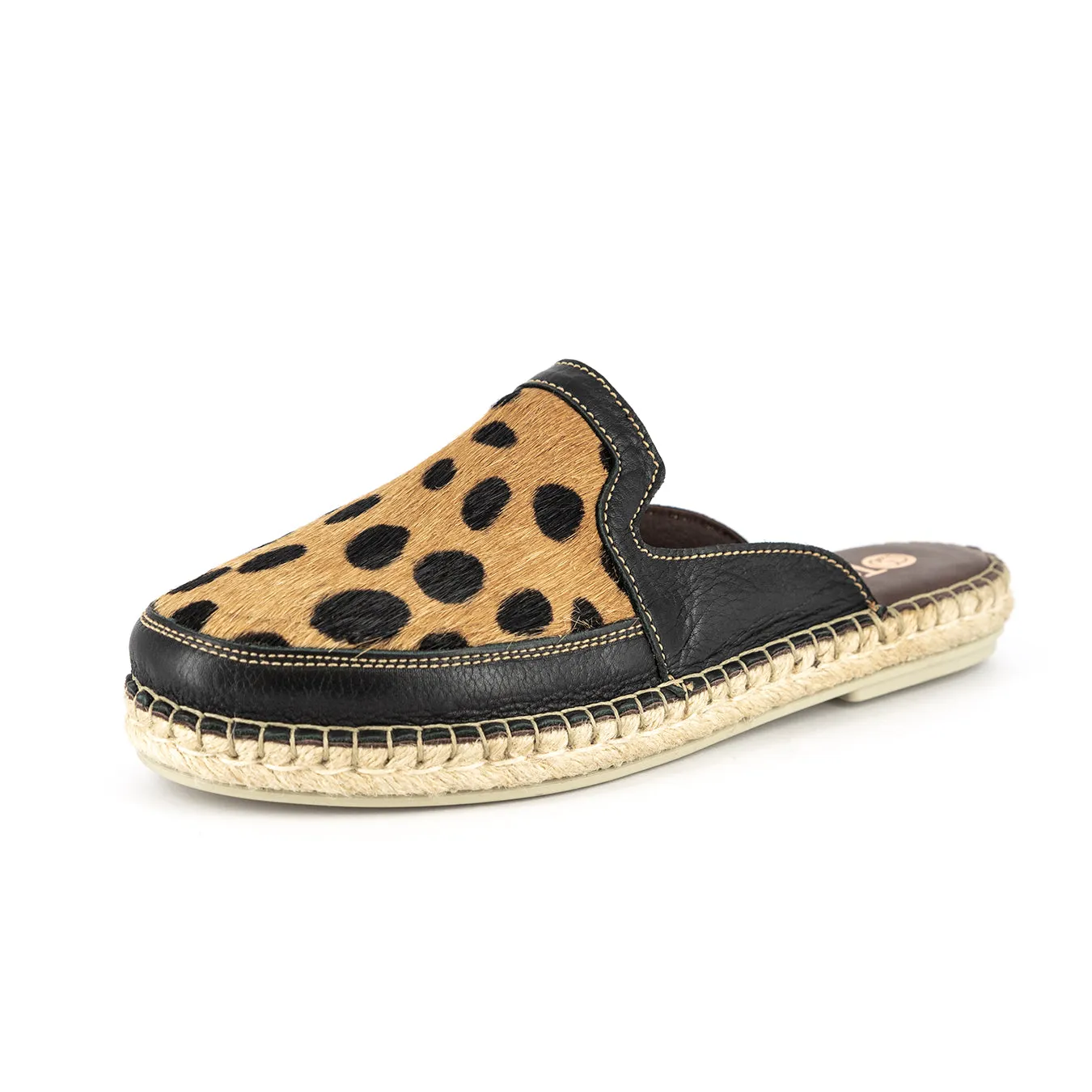 Halamuza : Ladies Leather Espadrille Mule in Black Delta & Spotted Print
