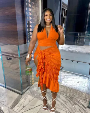 Halter Top & Ruched Slit Skirt Set