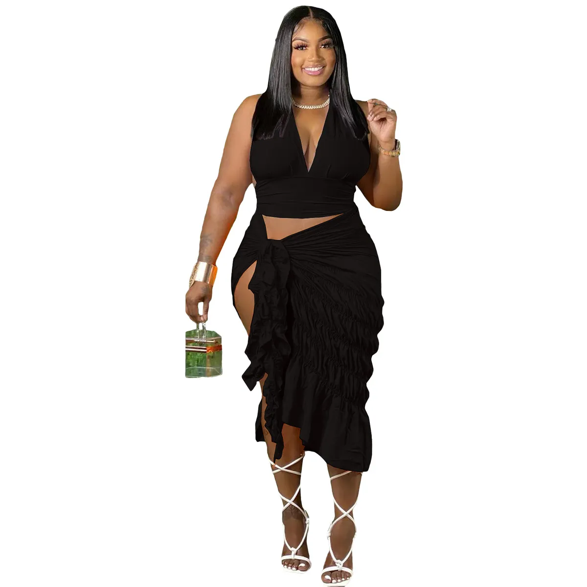 Halter Top & Ruched Slit Skirt Set