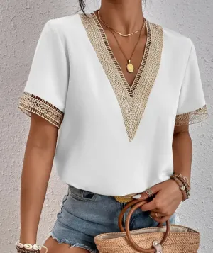 Harmony V-Neck Lace Trim Short Sleeve Blouse