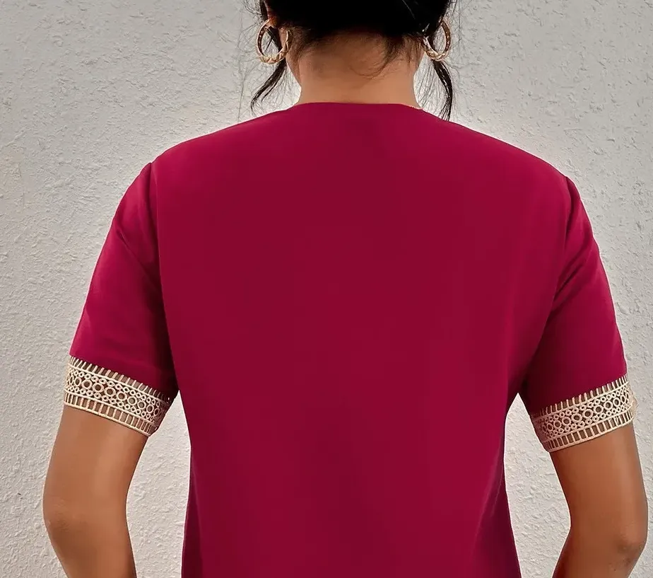 Harmony V-Neck Lace Trim Short Sleeve Blouse