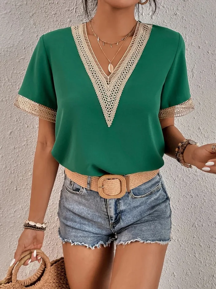 Harmony V-Neck Lace Trim Short Sleeve Blouse