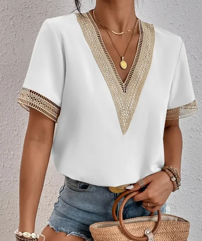 Harmony V-Neck Lace Trim Short Sleeve Blouse