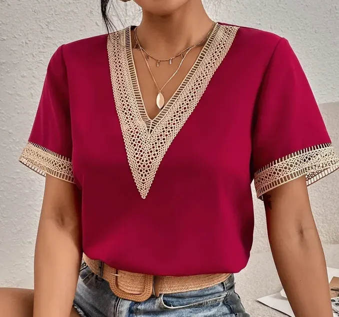 Harmony V-Neck Lace Trim Short Sleeve Blouse
