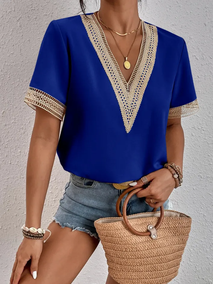 Harmony V-Neck Lace Trim Short Sleeve Blouse