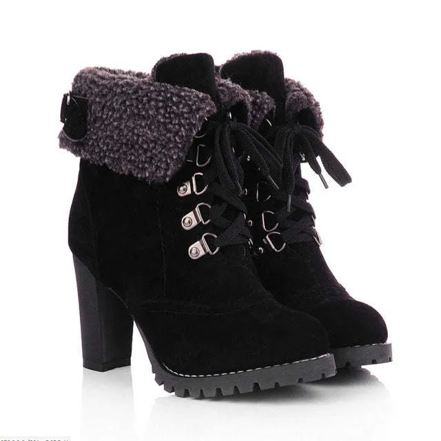 High Heel handmade Boots for Women Fashion PU Leather Pointed Toe Platform Heel Lace Up Shoes