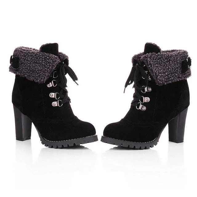 High Heel handmade Boots for Women Fashion PU Leather Pointed Toe Platform Heel Lace Up Shoes