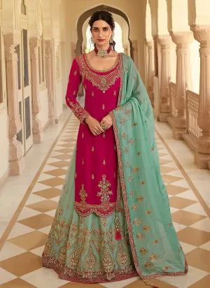 Hot Pink And Turquoise Multi Embroidered Lehenga Suit