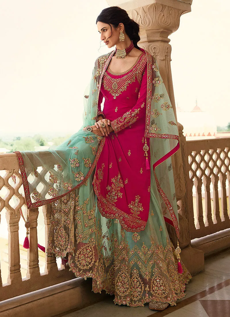 Hot Pink And Turquoise Multi Embroidered Lehenga Suit