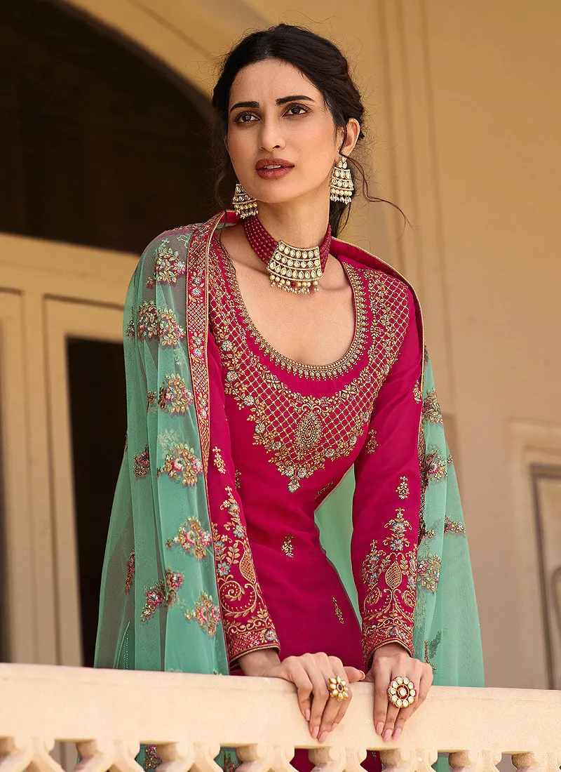 Hot Pink And Turquoise Multi Embroidered Lehenga Suit