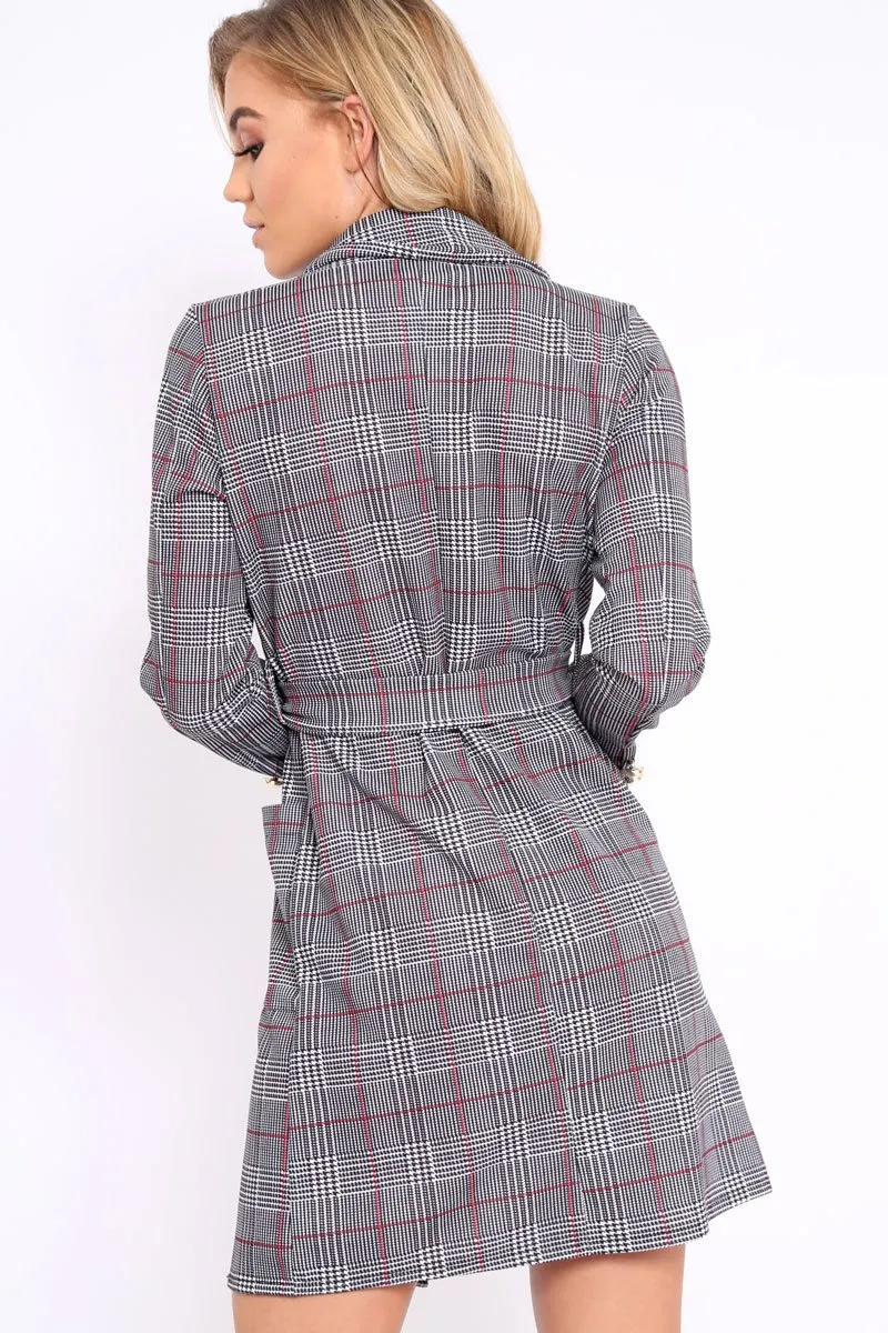 Hound-Tooth Tartan Button Tie Front Blazer Dress - Clare