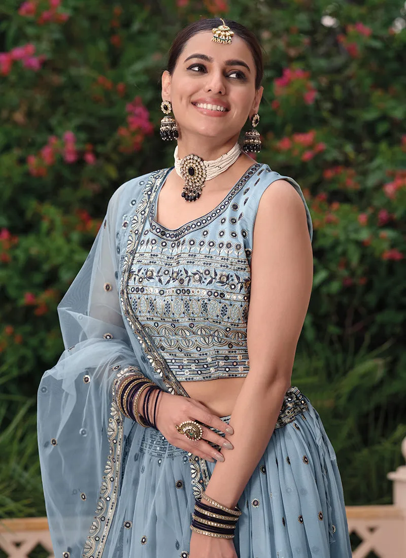 Ice Blue Mirror Work Embroidery Festive Lehenga Choli